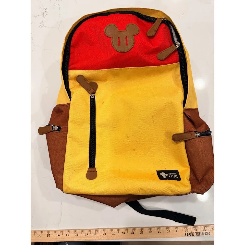 Disney Mickey Mouse‎ Backpack School Travel Yellow Red Brown Multi Pocket Padded